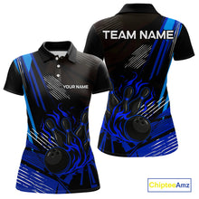 Load image into Gallery viewer, Black and Blue Flame Bowling Polo, Quarter Zip Shirts For Women Custom Bowling Outfit Team Jerseys NQS9962