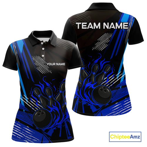 Black and Blue Flame Bowling Polo, Quarter Zip Shirts For Women Custom Bowling Outfit Team Jerseys NQS9962