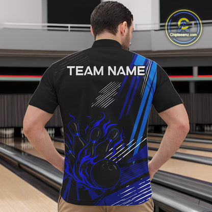 Black and Blue Flame Bowling Polo, Quarter Zip Shirts For Men Custom Bowling Outfit Team Jerseys NQS9962