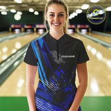 Load image into Gallery viewer, Black and Blue Flame Bowling Polo, Quarter Zip Shirts For Women Custom Bowling Outfit Team Jerseys NQS9962