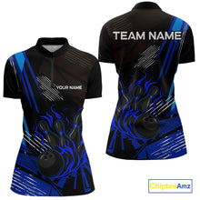 Load image into Gallery viewer, Black and Blue Flame Bowling Polo, Quarter Zip Shirts For Women Custom Bowling Outfit Team Jerseys NQS9962