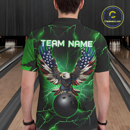 Green lightning thunder bowling American flag Eagle custom Mens Bowling Polo, Quarter Zip Shirts NQS10111