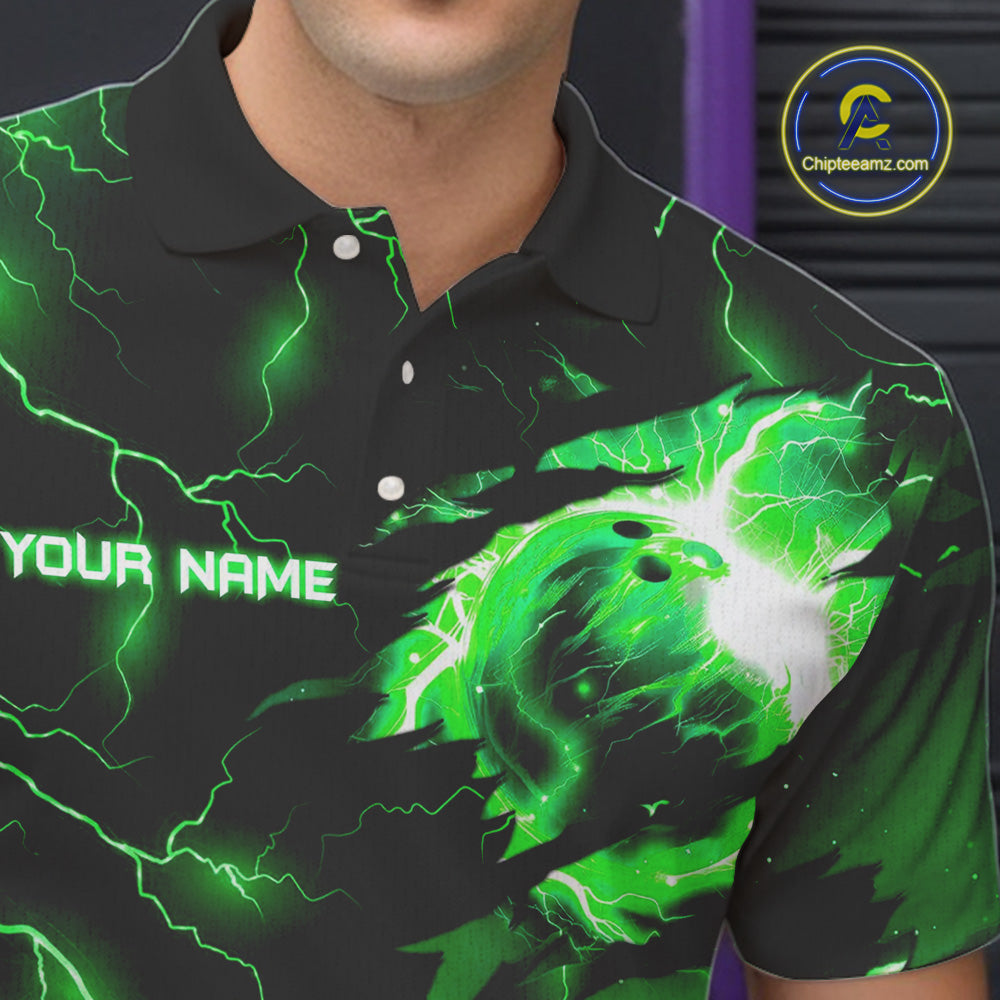 Green lightning thunder bowling American flag Eagle custom Mens Bowling Polo, Quarter Zip Shirts NQS10111