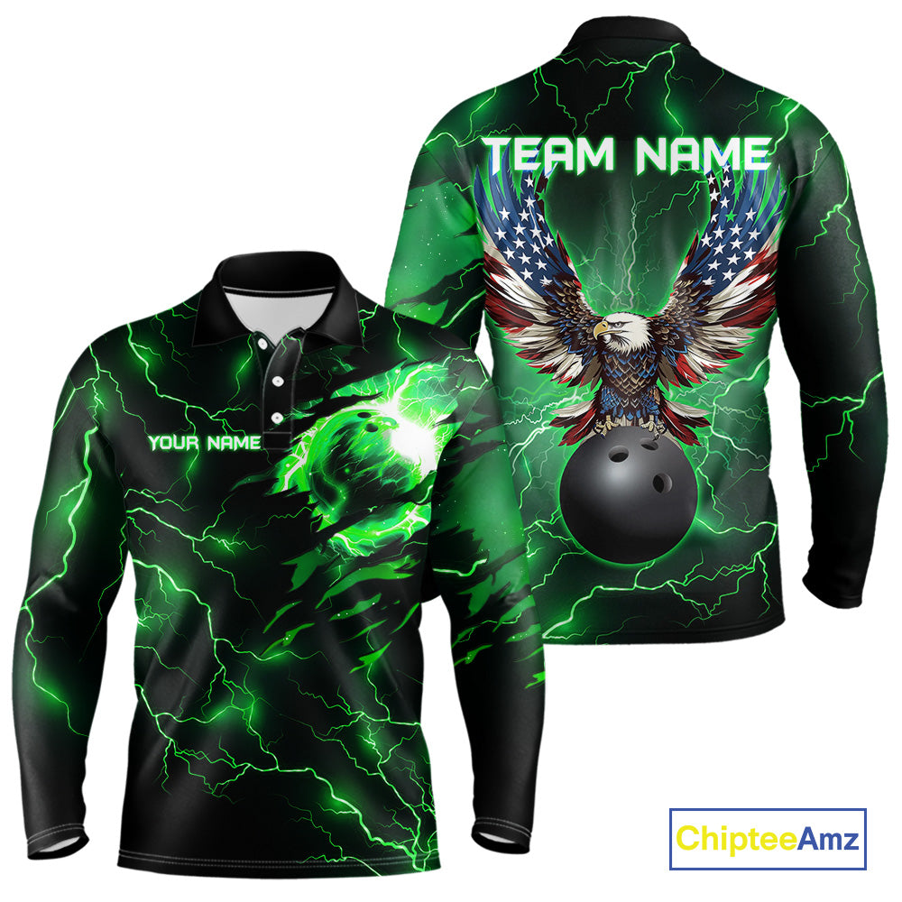 Green lightning thunder bowling American flag Eagle custom Mens Bowling Polo, Quarter Zip Shirts NQS10111