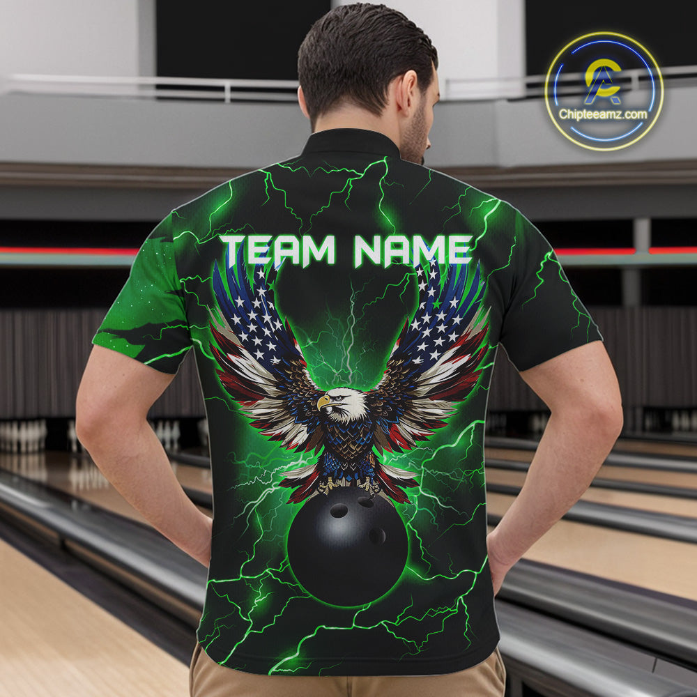 Green lightning thunder bowling American flag Eagle custom Mens Bowling Polo, Quarter Zip Shirts NQS10111