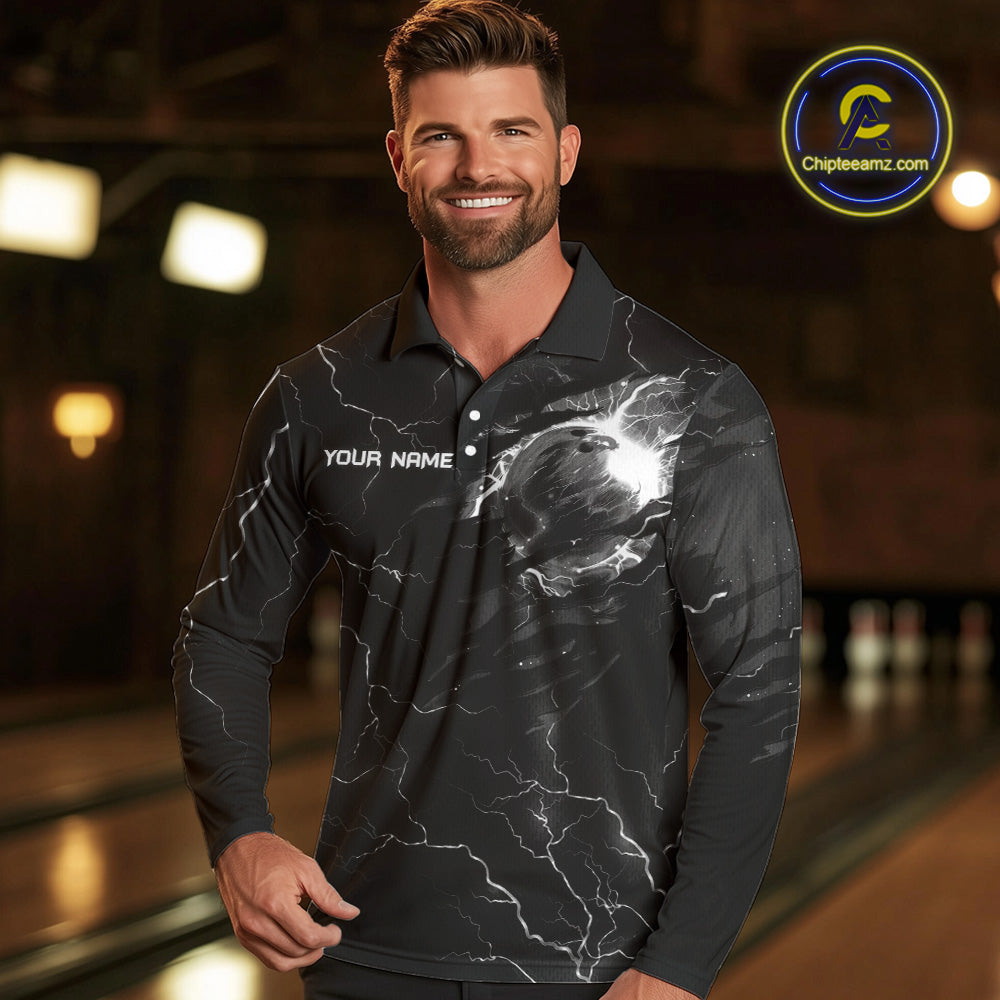 Black lightning thunder bowling American flag Eagle custom Mens Bowling Polo, Quarter Zip Shirts NQS10112