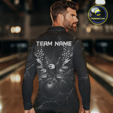 Load image into Gallery viewer, Black lightning thunder bowling American flag Eagle custom Mens Bowling Polo, Quarter Zip Shirts NQS10112