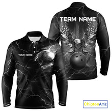 Load image into Gallery viewer, Black lightning thunder bowling American flag Eagle custom Mens Bowling Polo, Quarter Zip Shirts NQS10112
