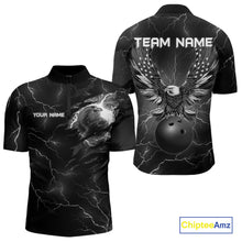 Load image into Gallery viewer, Black lightning thunder bowling American flag Eagle custom Mens Bowling Polo, Quarter Zip Shirts NQS10112