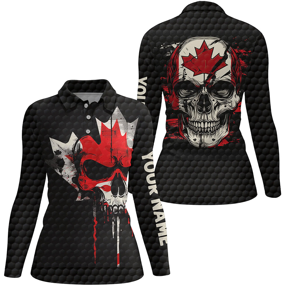 Canadian Flag Skull Womens golf polo shirt custom black golf ball skin golf attire for women NQS8046