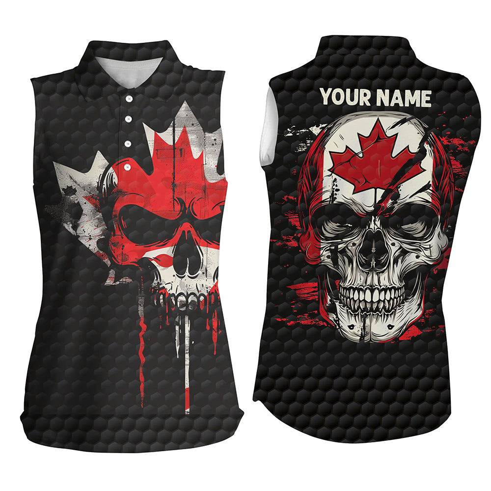 Canadian Flag Skull Women sleeveless polo shirt custom black golf ball skin golf attire for women NQS8046