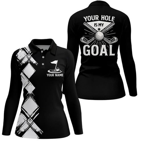 Black and white argyle pattern Women golf polo shirts custom golf outfits ladies your hole is my goal NQS8249