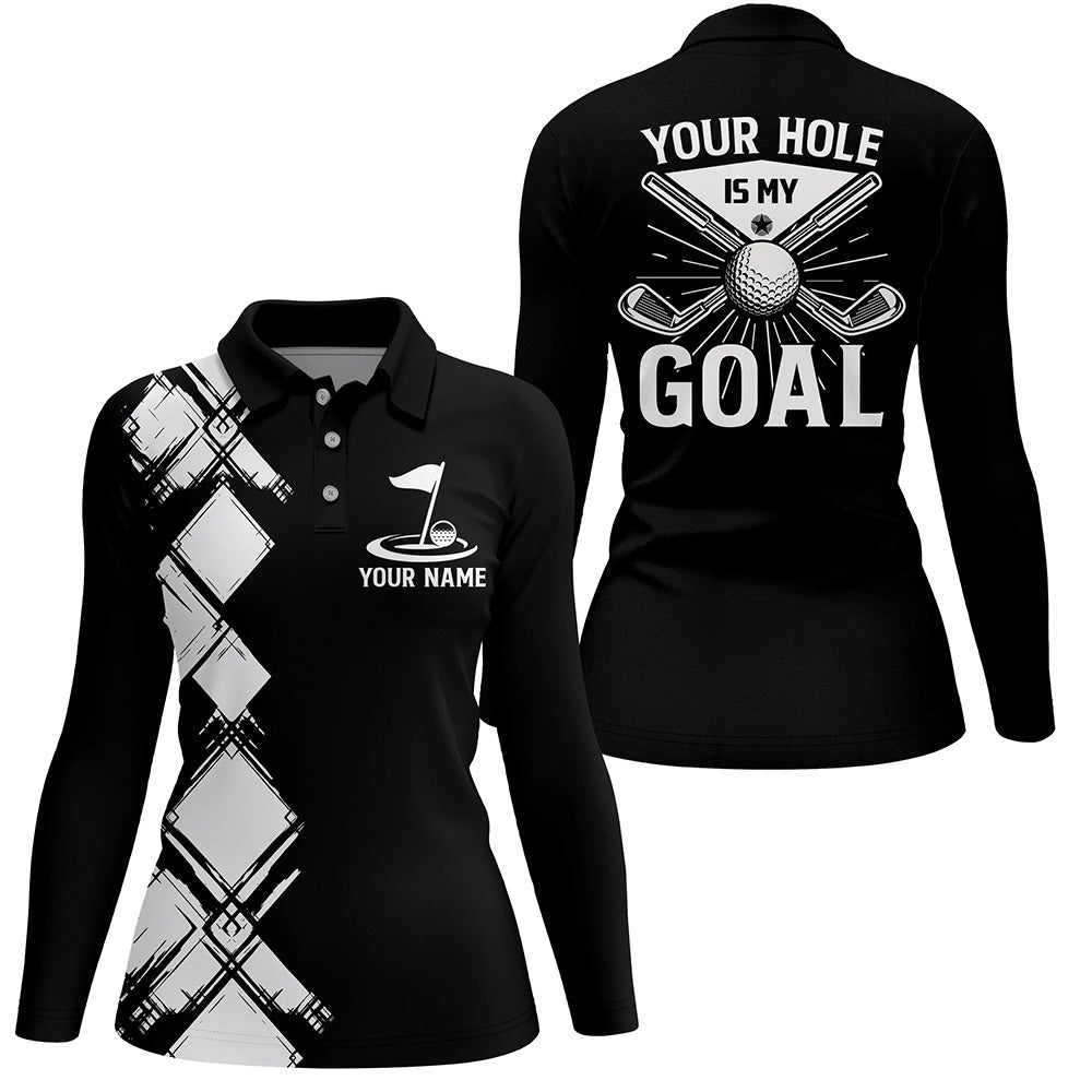 Black and white argyle pattern Women golf polo shirts custom golf outfits ladies your hole is my goal NQS8249