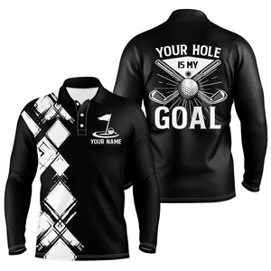 Black and white argyle pattern Men golf polo shirts custom golf outfits men your hole is my goal NQS8249