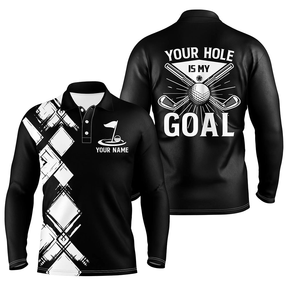 Black and white argyle pattern Men golf polo shirts custom golf outfits men your hole is my goal NQS8249