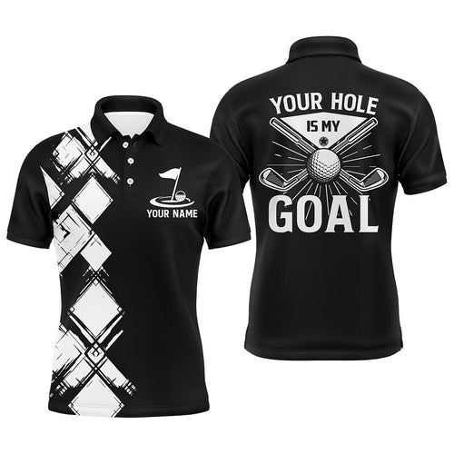 Black and white argyle pattern Men golf polo shirts custom golf outfits men your hole is my goal NQS8249