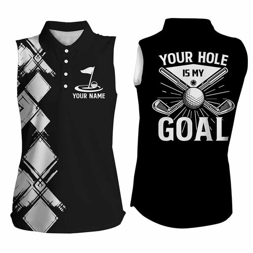 Black and white argyle Women sleeveless polo shirt custom golf outfits ladies your hole is my goal NQS8249