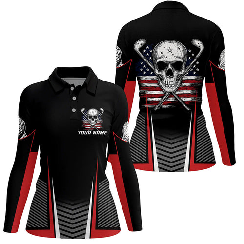 Black and Red American Flag Golf Clubs Skull Women golf polo shirts Custom Patriotic Golf Team Jersey NQS8254