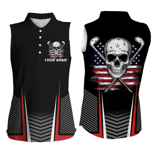 Black and Red American Flag Golf Clubs Skull Women sleeveless polo shirts Custom Patriotic Golf Jersey NQS8254