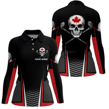 Load image into Gallery viewer, Black and Red Canadian Flag Golf Clubs Skull Women golf polo shirts Custom Patriotic Golf Team Jersey NQS8255