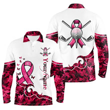 Load image into Gallery viewer, White and Pink camo ribbons Mens Golf Polo Shirts custom breast cancer golf shirts for men, golf gifts NQS8460