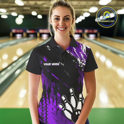 Black and Purple Women bowling shirts Custom retro bowling ball and pins bowling team league jerseys NQS10642