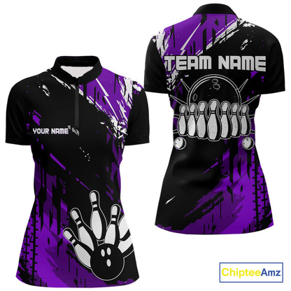 Black and Purple Women bowling shirts Custom retro bowling ball and pins bowling team league jerseys NQS10642