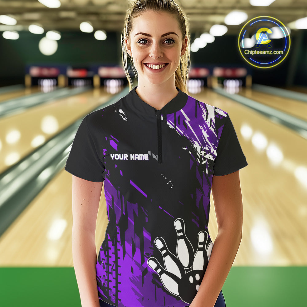 Black and Purple Women bowling shirts Custom retro bowling ball and pins bowling team league jerseys NQS10642
