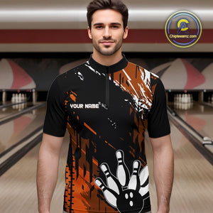 Black and Orange Mens bowling shirts Custom retro bowling ball and pins bowling team league jerseys NQS10643