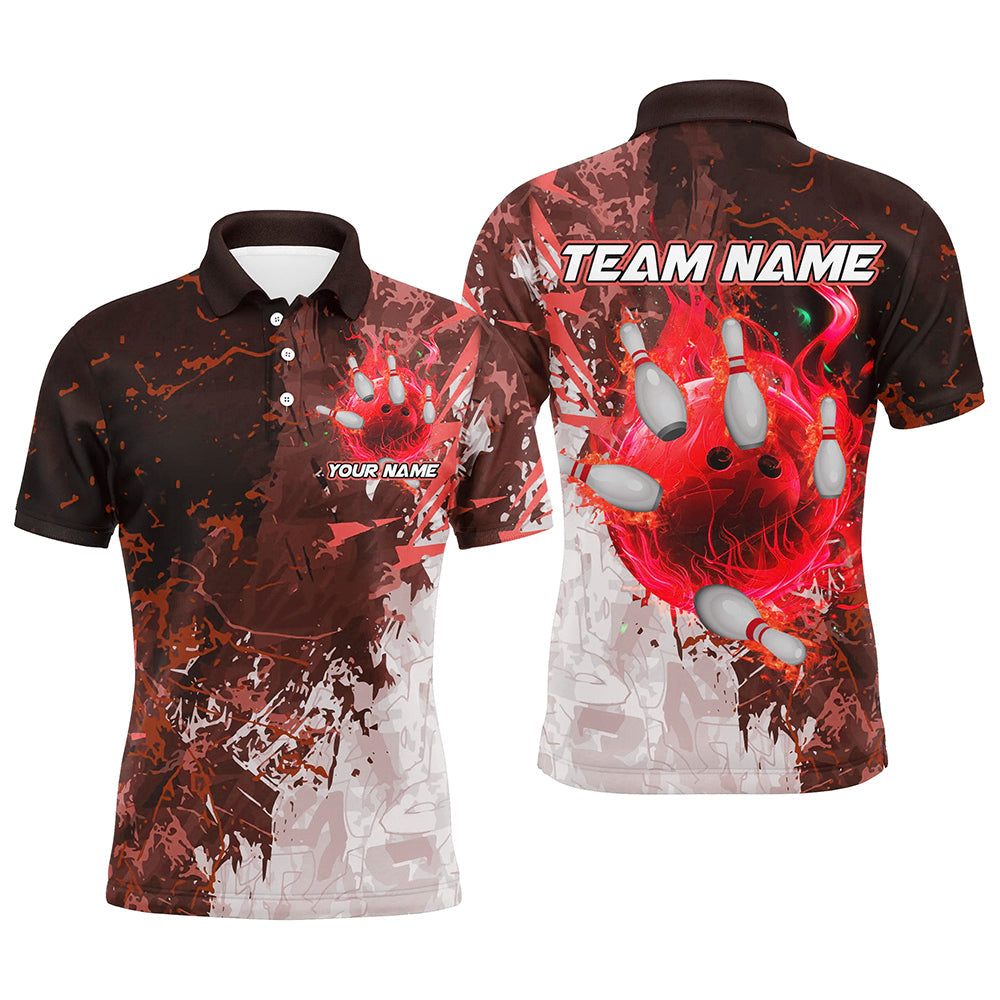 Red Camo Flame Bowling Polo, Quarter Zip Shirts For Men Custom Bowling Team Jersey Outfits NQS8703