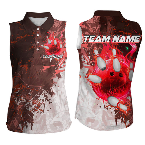 Red Camo Flame Bowling Sleeveless Polo Shirts For Women Custom Bowling Team Jersey Outfits NQS8703
