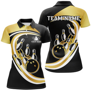 Black & Gold Bowling Polo, 1/4 Zip Shirts For Women Custom Bowling Team League Jersey, Gift For Bowler NQS8705