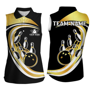 Black and Gold Bowling Sleeveless Polo Shirt Custom Bowling Team League Jersey, Gift For Bowlers NQS8705