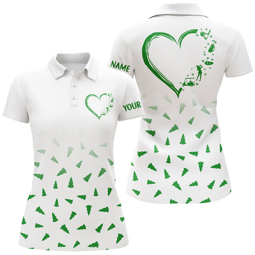 Women golf polos shirt custom Green Christmas pine tree pattern heart personalized ladies golf shirts NQS8936