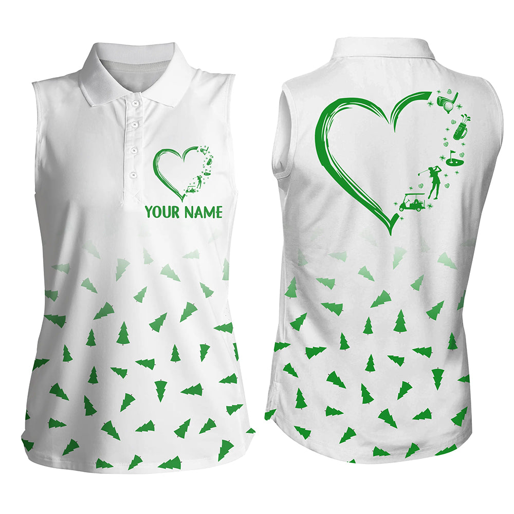 Women sleeveless polo shirt custom Green Christmas pine tree pattern heart personalized golf shirts NQS8936