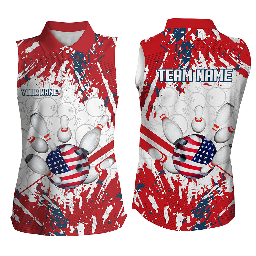 American Flag Bowling Sleeveless Polo Shirt for Women Custom Bowling Jersey for Team Patriot Bowlers NQS8928