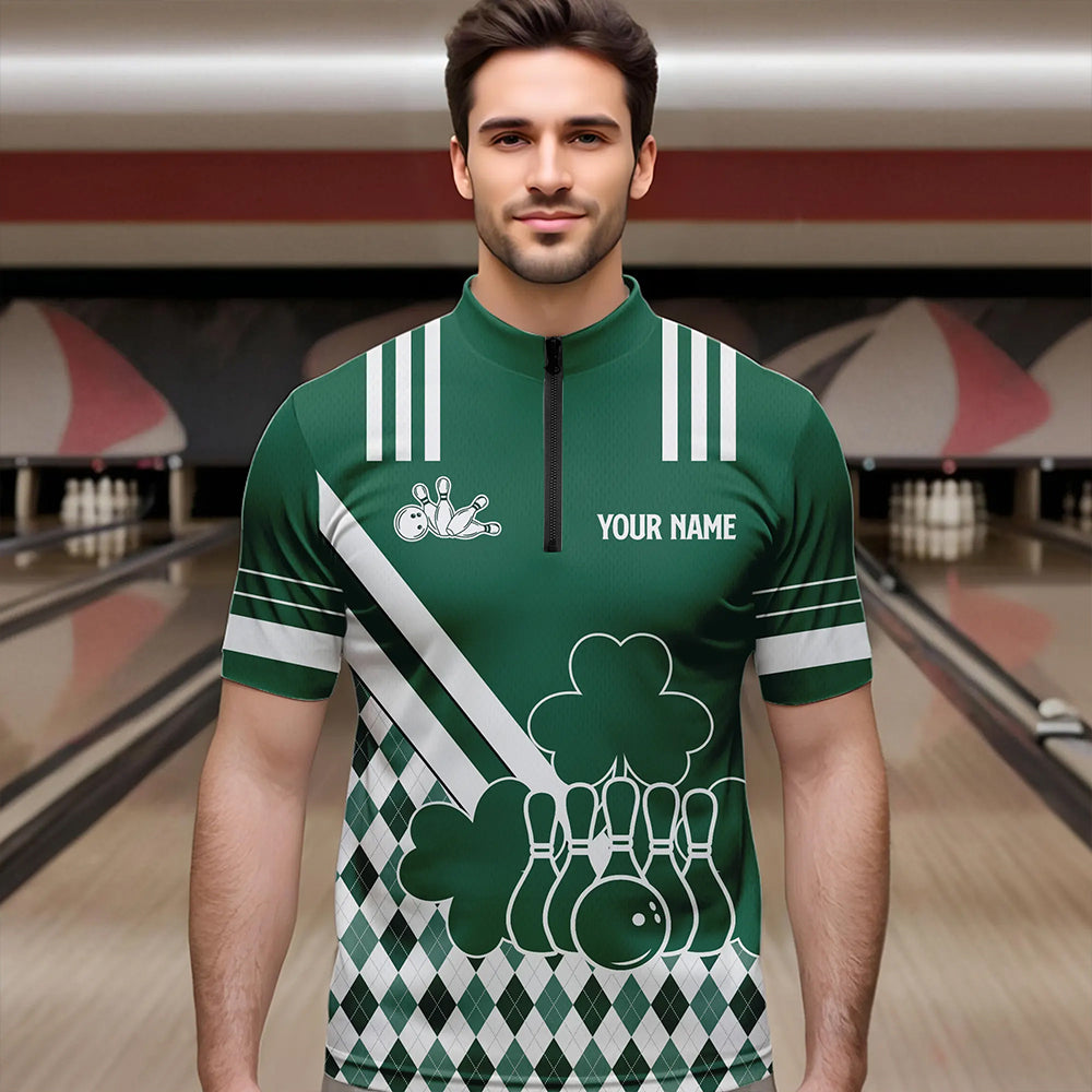 Green and White argyle pattern shamrock St Patrick's Day Men bowling shirts Custom Bowling Team Jersey NQS9383