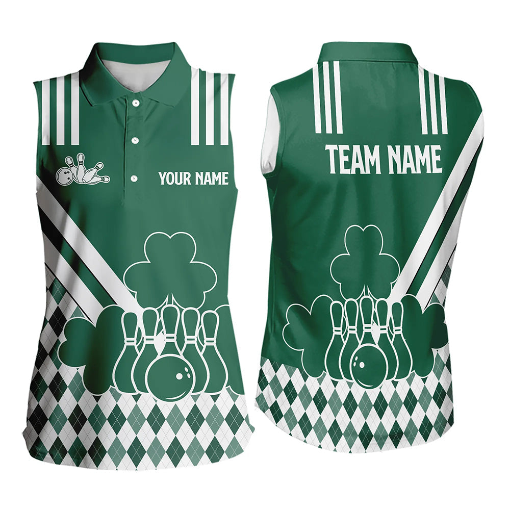 Green & White argyle shamrock St Patrick's Day Women sleeveless polo shirt Custom Bowling Team Jersey NQS9383
