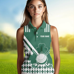 Green and White argyle shamrock St Patrick Day Women sleeveless polo shirt Custom Women golf clothing NQS9384