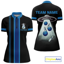 Load image into Gallery viewer, Black and Blue ufo alien Retro Bowling Polo, Quarter Zip Shirts for Women Custom Bowling Team Jersey NQS11462