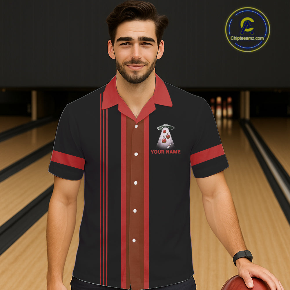 Black and Red ufo alien Retro Bowling Hawaiian shirt Custom Bowling Team button up shirt NQS11463