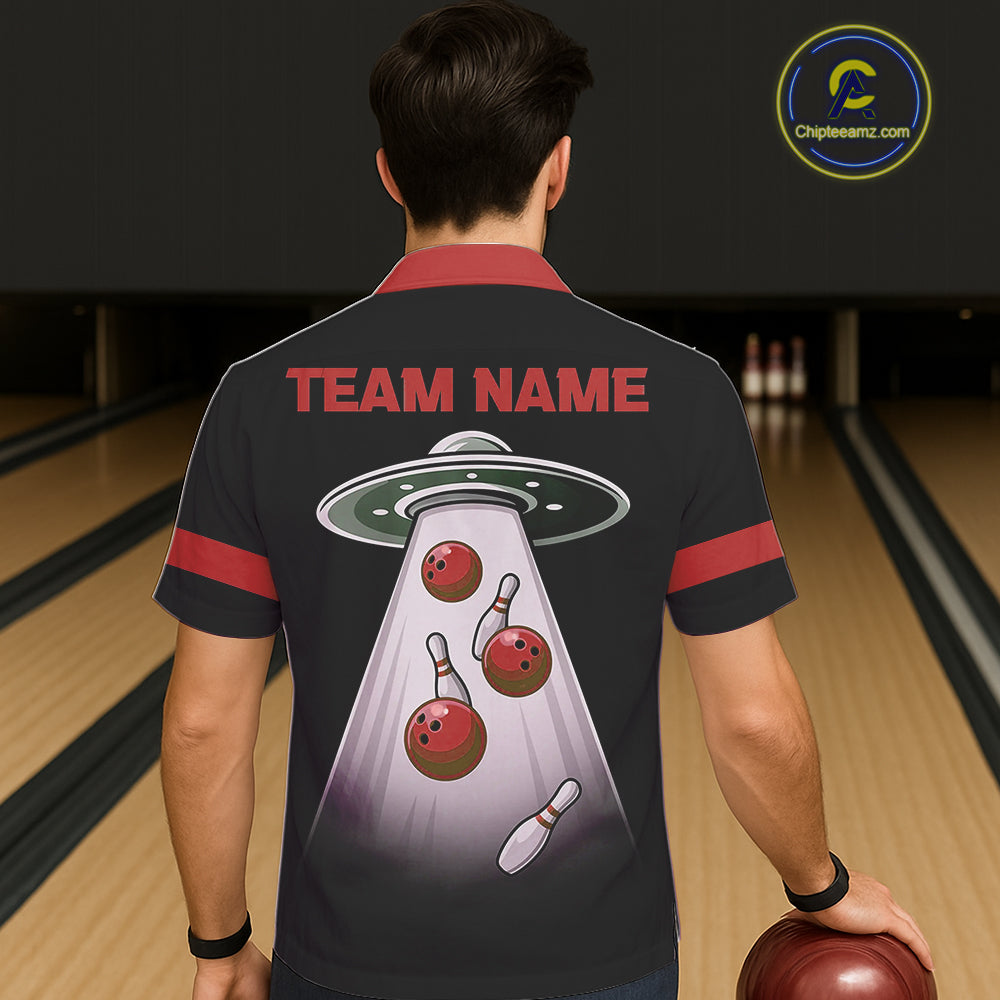 Black and Red ufo alien Retro Bowling Hawaiian shirt Custom Bowling Team button up shirt NQS11463
