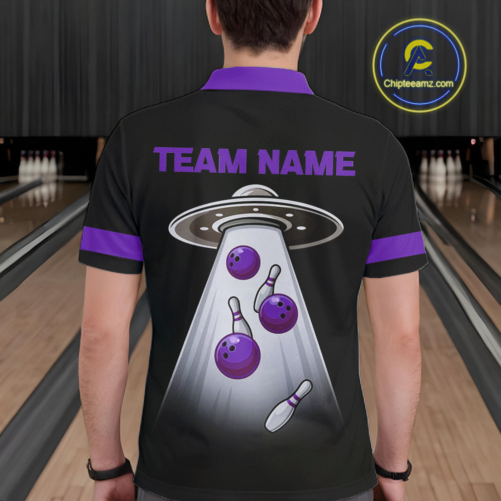 Black and Purple ufo alien Retro Bowling Polo, Quarter Zip Shirts for men Custom Bowling Team Jersey NQS11464