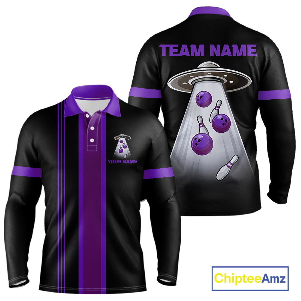 Black and Purple ufo alien Retro Bowling Polo, Quarter Zip Shirts for men Custom Bowling Team Jersey NQS11464