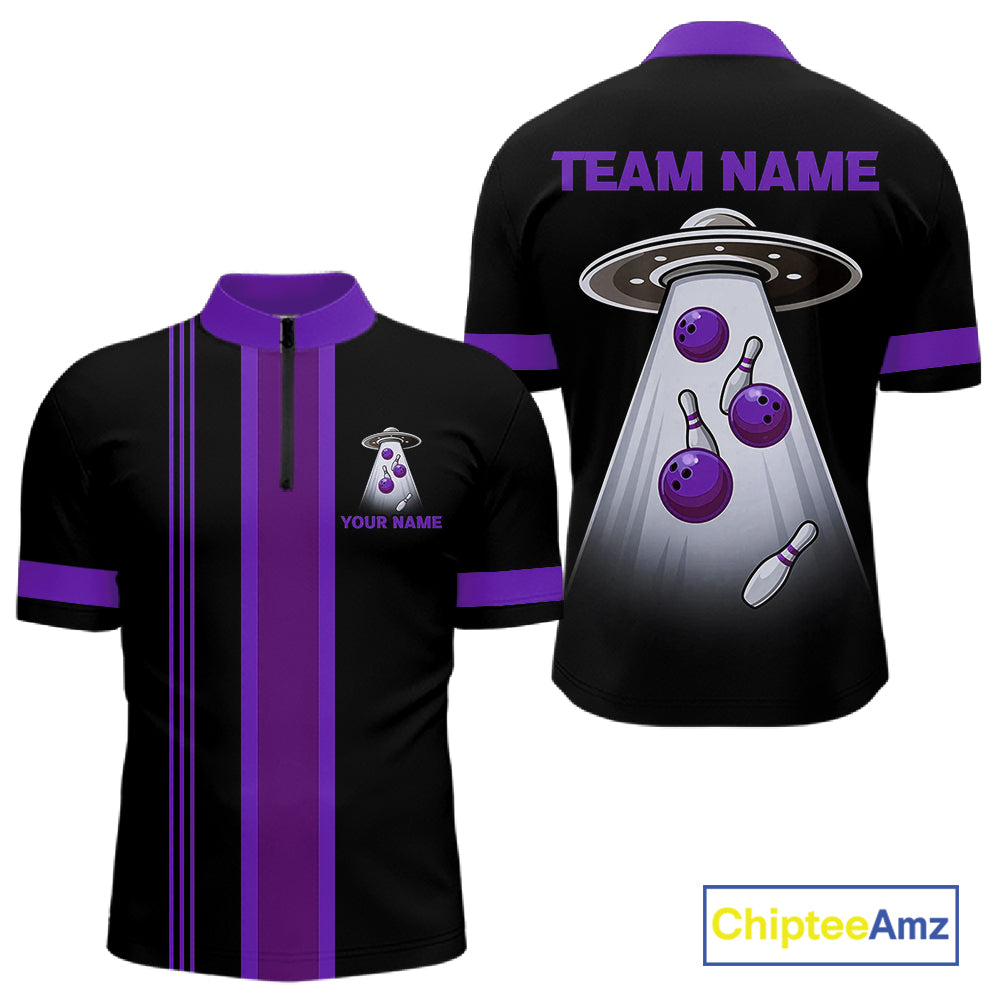 Black and Purple ufo alien Retro Bowling Polo, Quarter Zip Shirts for men Custom Bowling Team Jersey NQS11464