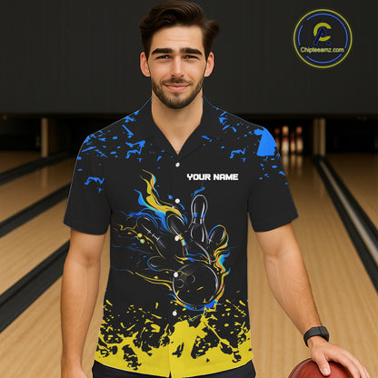 Personalized Black, Blue and Yellow Bowling Hawaiian Shirt, Bowling Ball & Pins Bowling Team Shirts NQS11465