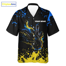Load image into Gallery viewer, Personalized Black, Blue and Yellow Bowling Hawaiian Shirt, Bowling Ball &amp; Pins Bowling Team Shirts NQS11465