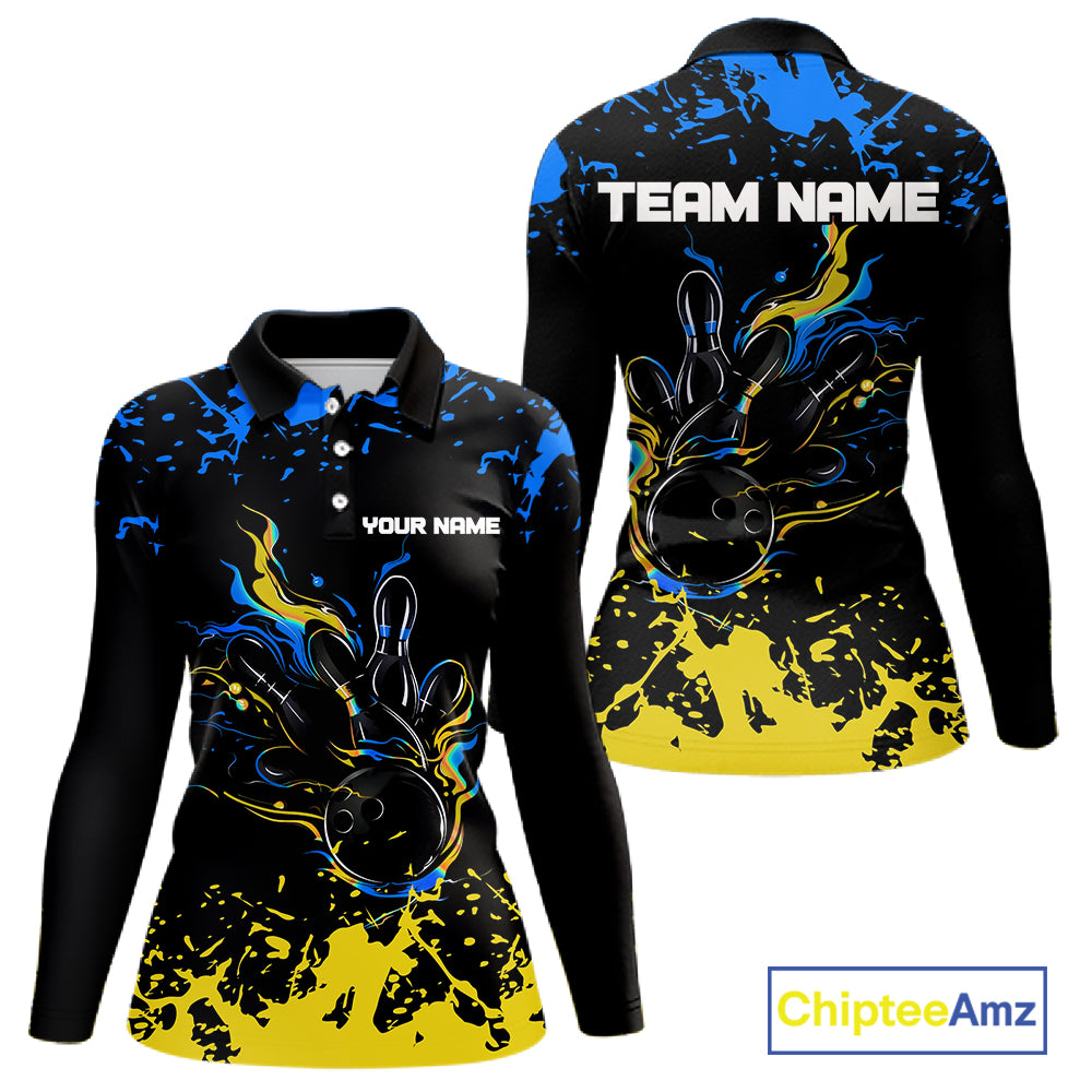 Personalized Black, Blue & Yellow Bowling Shirts For Women, Bowling Balls And Pins Bowling Team Shirt NQS11465