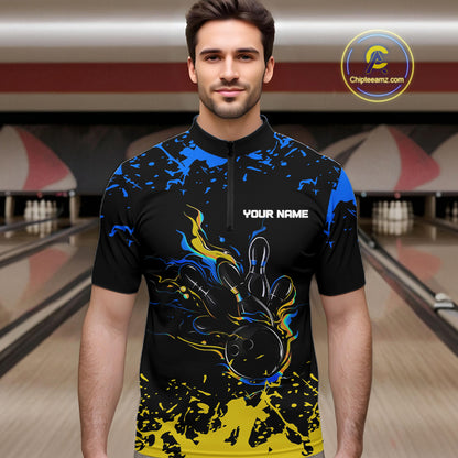 Personalized Black, Blue & Yellow Bowling Shirts For Men, Bowling Balls And Pins Bowling Team Shirts NQS11465