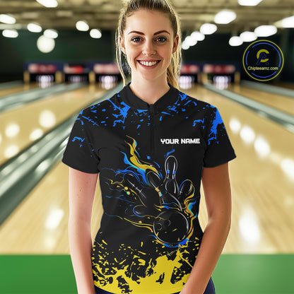 Personalized Black, Blue & Yellow Bowling Shirts For Women, Bowling Balls And Pins Bowling Team Shirt NQS11465